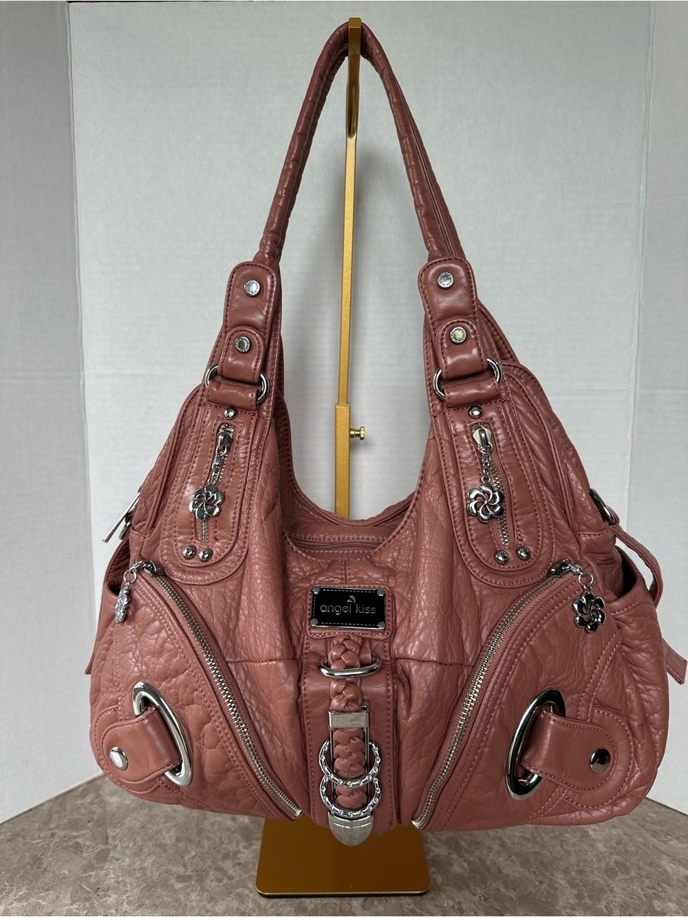Y2K Mcbling Washed Vegan Leather Hobo Shoulder Bag Retro Glam Grunge Purse